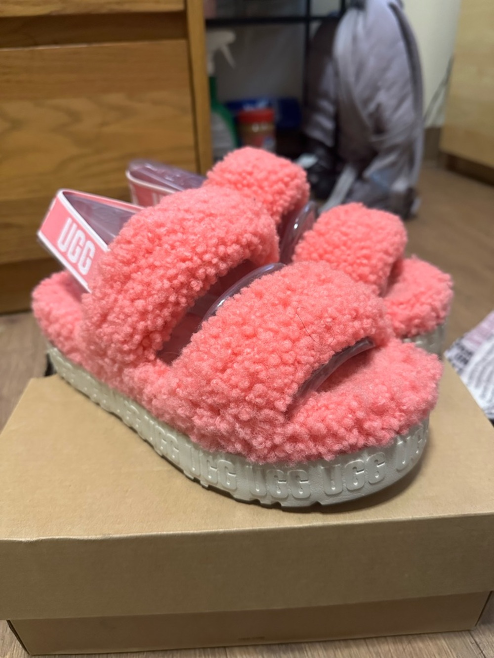 UGG Womens Coral Fuzzy Platform Sandals